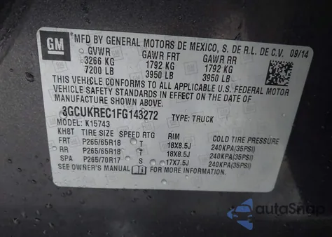 2015 Chevrolet Silverado 1500 2Lt from USA, damaged, VIN 3GCUKREC1FG143272